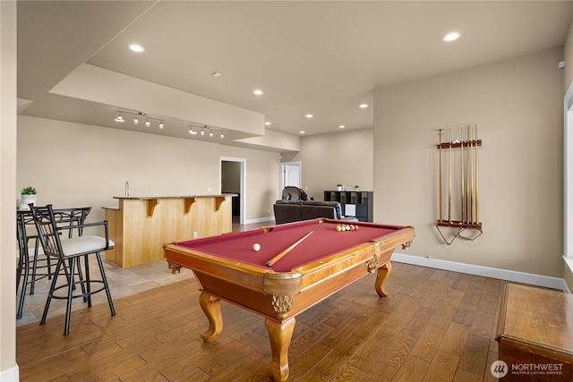 rec room with recessed lighting, billiards, baseboards, and light wood-style floors