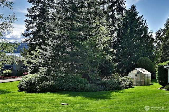 view of yard featuring an exterior structure and an outbuilding