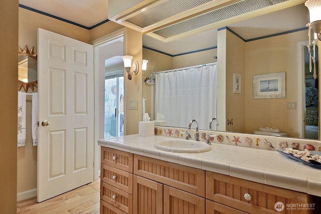 bathroom featuring vanity, wood finished floors, and a shower with curtain