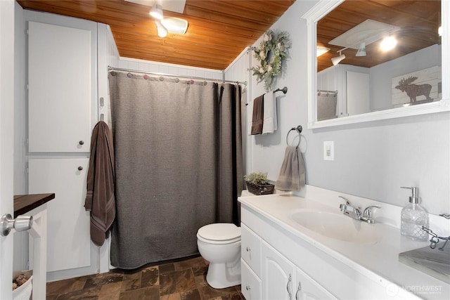 full bathroom with toilet, a shower with curtain, stone finish floor, and vanity
