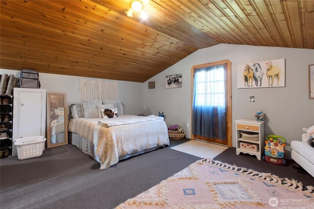 carpeted bedroom featuring vaulted ceiling and wooden ceiling