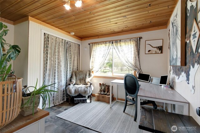 office area featuring wood ceiling