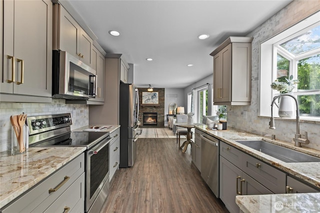 18431 Newport Dr, Arlington, WA 98223 - kitchen featuring stainless steel appliances, a sink, gray cabinets, dark wood-style floors, and a fireplace