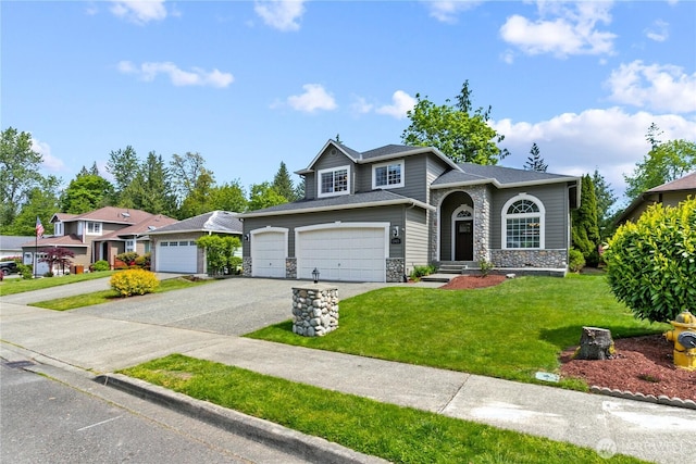 18431 Newport Dr, Arlington, WA 98223 - view of front of home featuring stone siding, a front lawn, and asphalt driveway