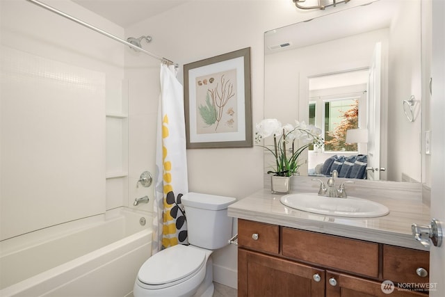 full bathroom with toilet, visible vents, shower / tub combo with curtain, and vanity