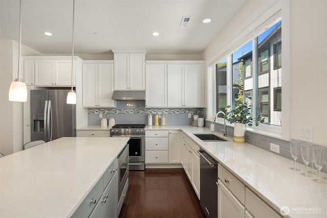 kitchen with light stone counters, appliances with stainless steel finishes, a sink, tasteful backsplash, and under cabinet range hood