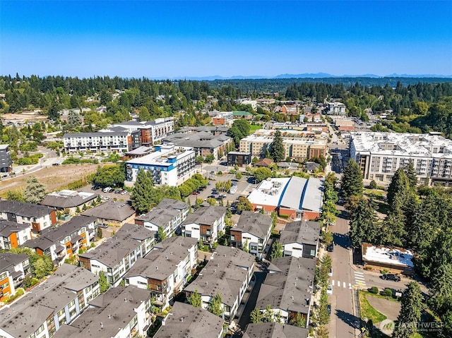 birds eye view of property with a mountain view and a wooded view