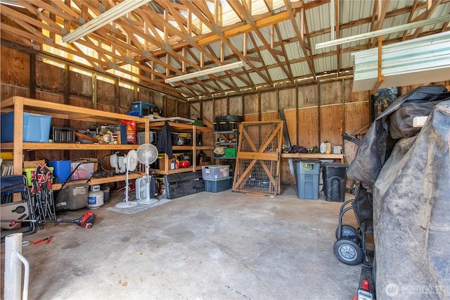 garage with a workshop area