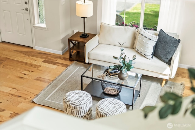 living room featuring a wealth of natural light, baseboards, and wood finished floors