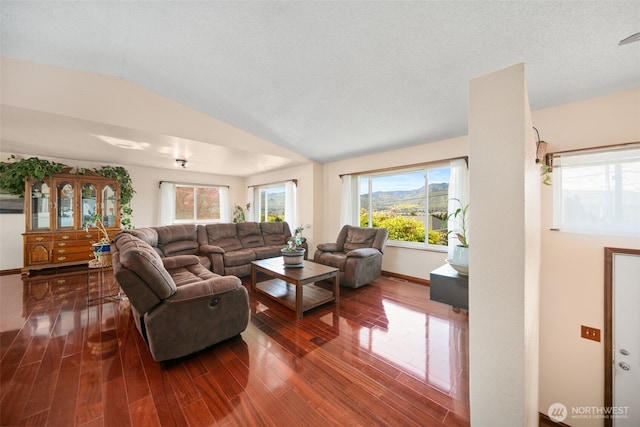 living area featuring vaulted ceiling and dark wood-style flooring