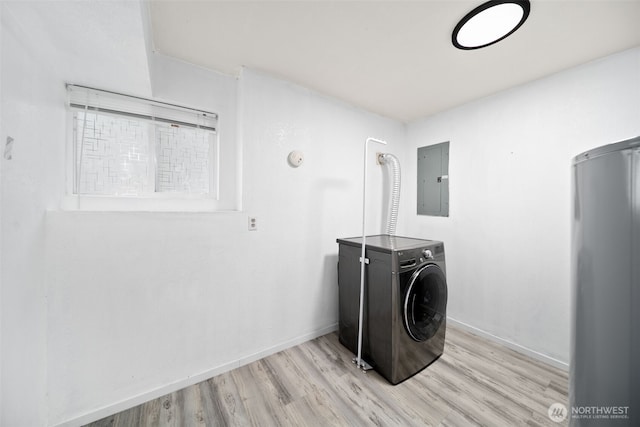 washroom featuring laundry area, baseboards, light wood-style floors, and electric panel