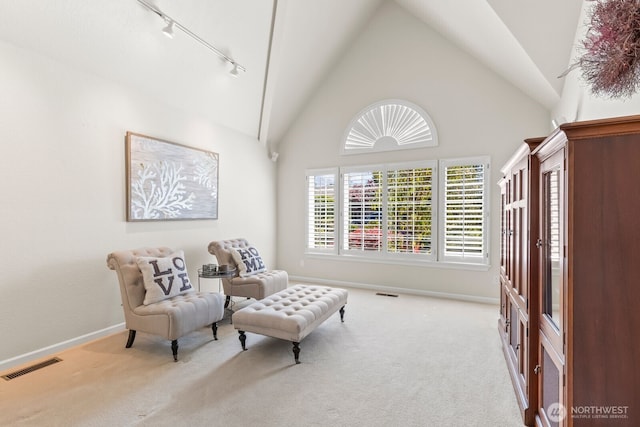 1208 N 20th Ave, Yakima, WA 98902 - living area featuring high vaulted ceiling, rail lighting, visible vents, carpet, and baseboards