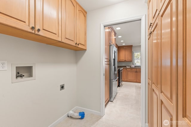 1208 N 20th Ave, Yakima, WA 98902 - washroom with hookup for an electric dryer, recessed lighting, cabinet space, washer hookup, and baseboards