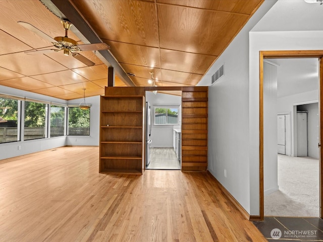 2909 SW 116th St, Burien, WA 98146 - unfurnished living room featuring wood ceiling, wood finished floors, healthy amount of natural light, a ceiling fan, and lofted ceiling