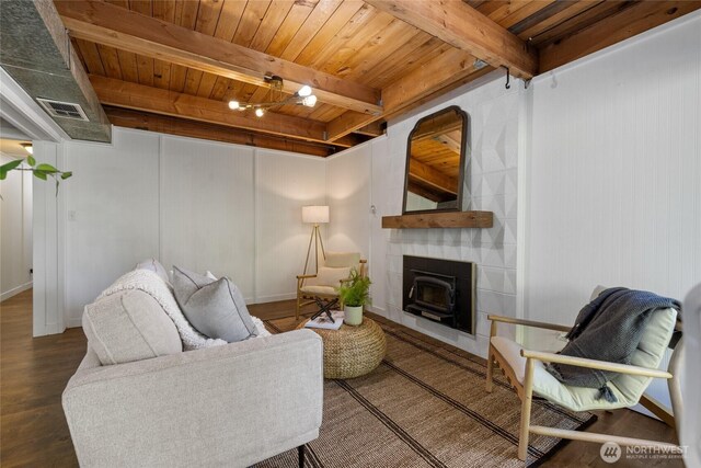 living room with visible vents, a wood stove, beam ceiling, wood finished floors, and wooden ceiling