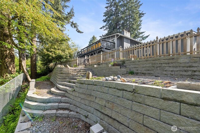 exterior space featuring a chimney and a fenced backyard