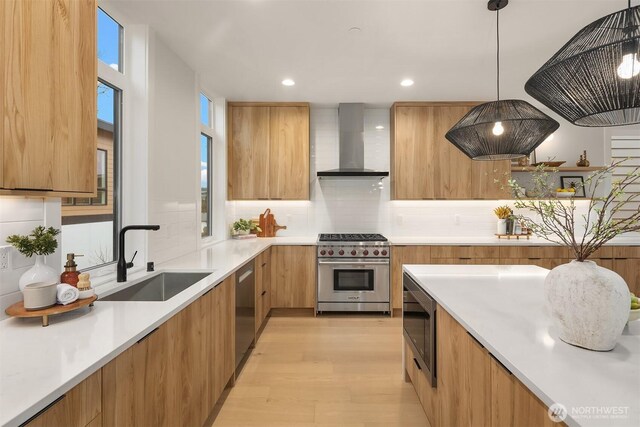 340 6th Ave, Kirkland, WA 98033 - kitchen with a sink, modern cabinets, stainless steel appliances, decorative backsplash, and wall chimney range hood