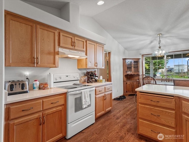 kitchen featuring under cabinet range hood, a notable chandelier, white electric range, lofted ceiling, and dark wood finished floors