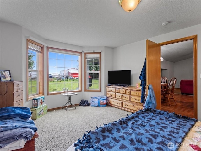 bedroom featuring a textured ceiling and multiple windows
