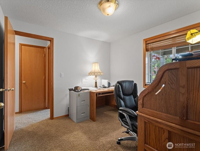 home office with a textured ceiling and light colored carpet