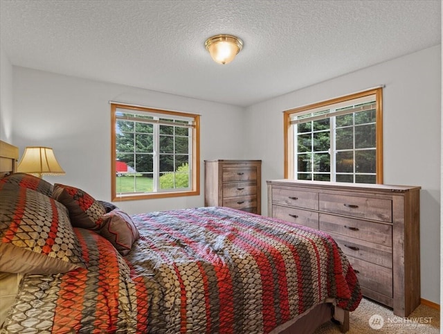 carpeted bedroom featuring a textured ceiling and multiple windows