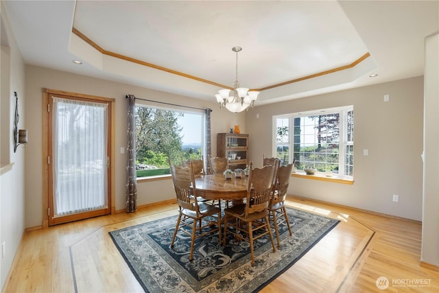 dining room with plenty of natural light, a raised ceiling, wood finished floors, and a notable chandelier