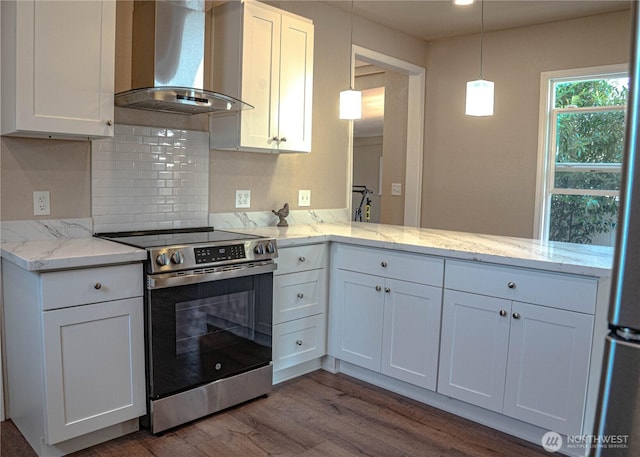 kitchen with white cabinetry, dark wood-style flooring, wall chimney exhaust hood, and stainless steel electric range