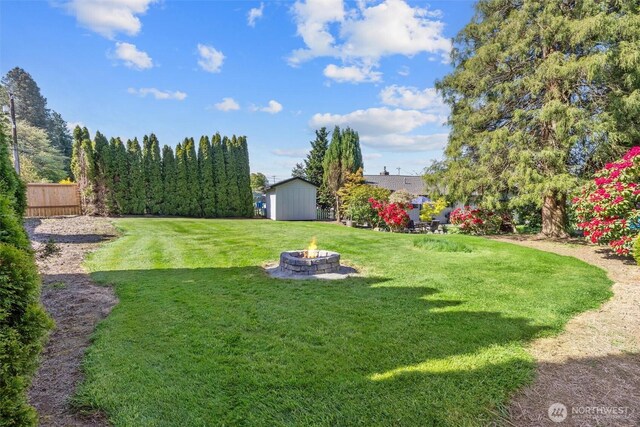 330 15th St, Snohomish, WA 98290 - view of yard featuring a fire pit, a shed, and an outdoor structure