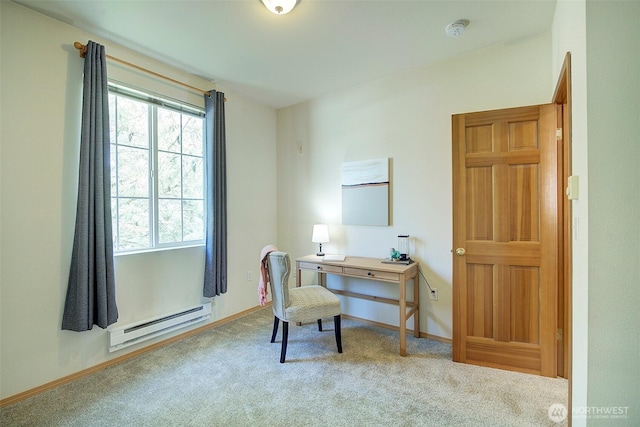 carpeted office space with baseboards and baseboard heating
