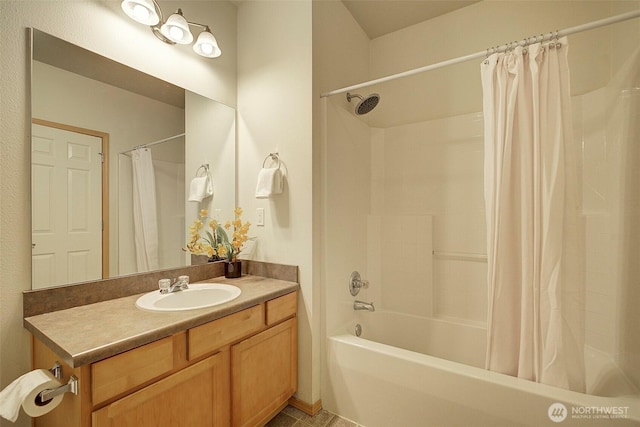 full bathroom with vanity and shower / tub combo with curtain
