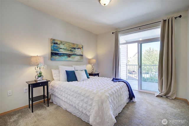 bedroom featuring light carpet, baseboards, and access to exterior