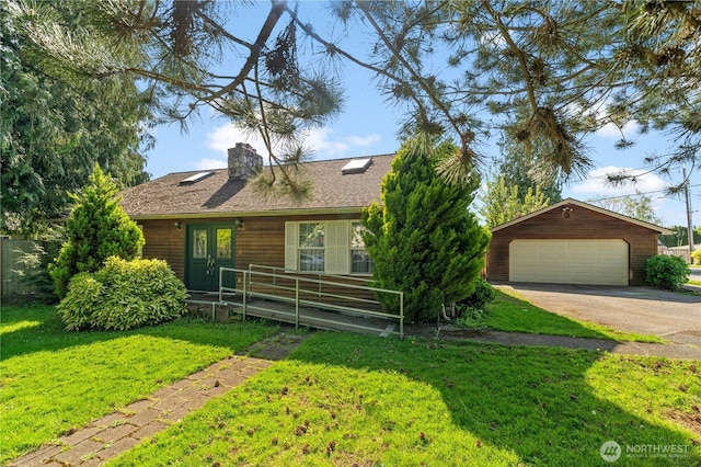 view of front of property featuring an outdoor structure, a front lawn, a garage, and a chimney