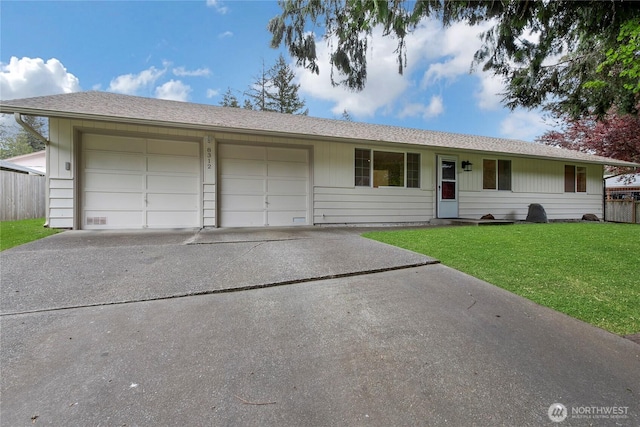 single story home with a garage, a front lawn, fence, and concrete driveway