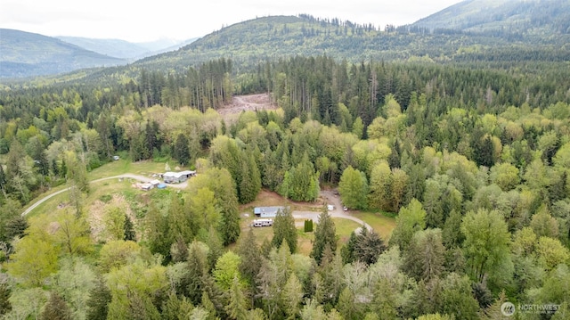 bird's eye view featuring a view of trees and a mountain view