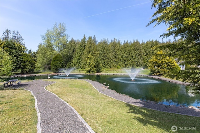view of home's community featuring a water view and a yard