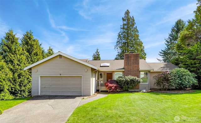 ranch-style home with a garage, a front yard, driveway, and a chimney