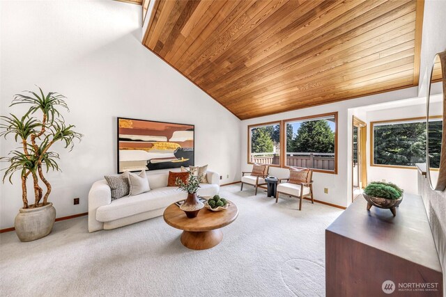 living area with wood ceiling, baseboards, high vaulted ceiling, and carpet floors