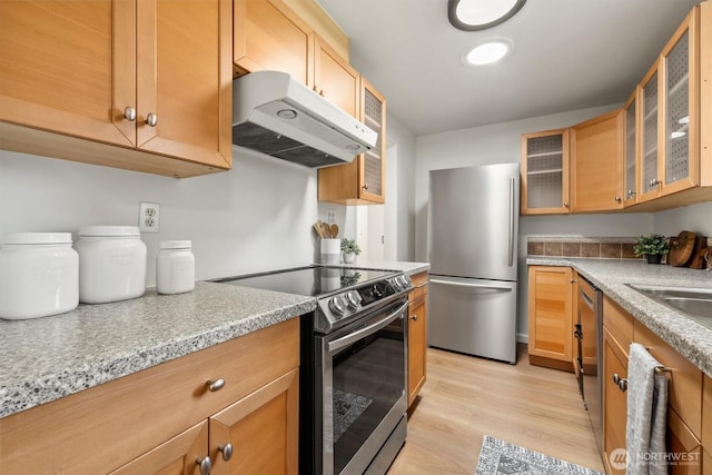 kitchen featuring glass insert cabinets, light countertops, under cabinet range hood, light wood-style flooring, and appliances with stainless steel finishes