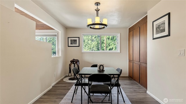 dining space featuring an inviting chandelier, plenty of natural light, dark wood finished floors, and baseboards