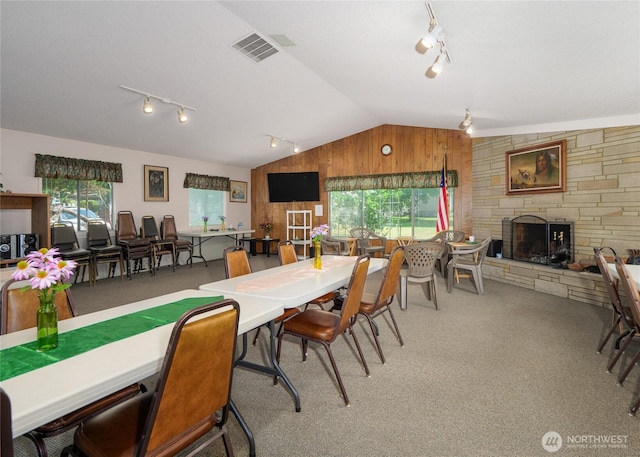 111 Dryke Rd Unit 66, Sequim, WA 98362 - dining room with rail lighting, visible vents, lofted ceiling, and carpet