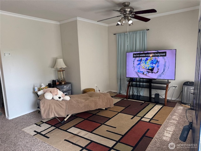 carpeted bedroom with crown molding, a ceiling fan, and baseboards