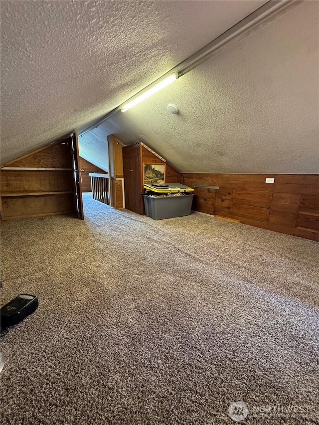 additional living space with wooden walls, a textured ceiling, carpet floors, and vaulted ceiling