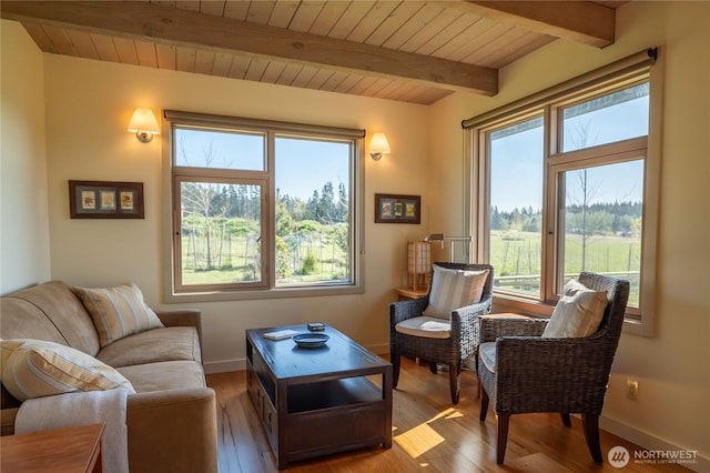 interior space featuring beam ceiling, wooden ceiling, and plenty of natural light