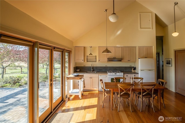 kitchen featuring high vaulted ceiling, white appliances, under cabinet range hood, and a sink