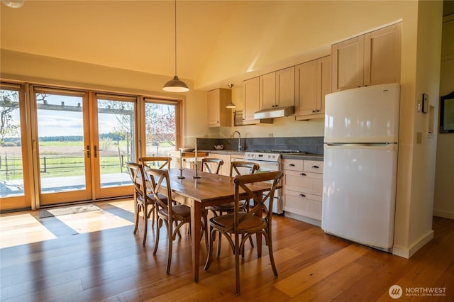 dining room featuring french doors and light wood-type flooring