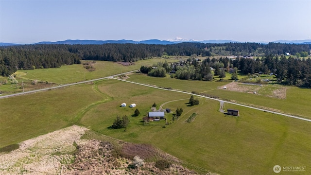 birds eye view of property with a mountain view, a rural view, and a view of trees