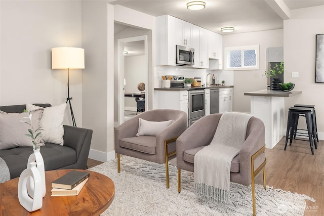 living room with light wood-style flooring and baseboards