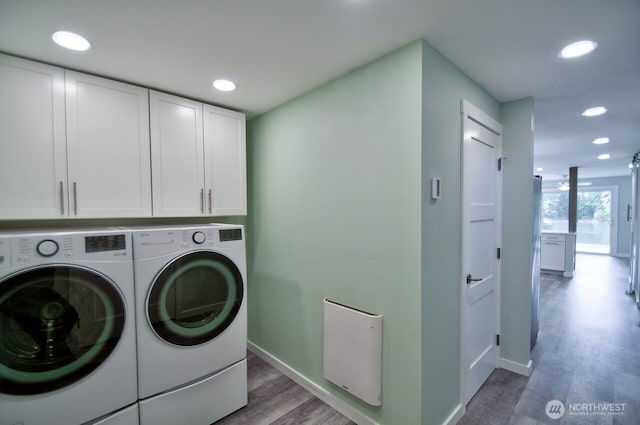 41 SE Wildcat Cove Rd, Shelton, WA 98584 - clothes washing area with washer and dryer, wood finished floors, baseboards, recessed lighting, and cabinet space