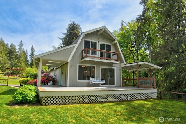 41 SE Wildcat Cove Rd, Shelton, WA 98584 - rear view of house featuring a balcony, a deck, and a pergola