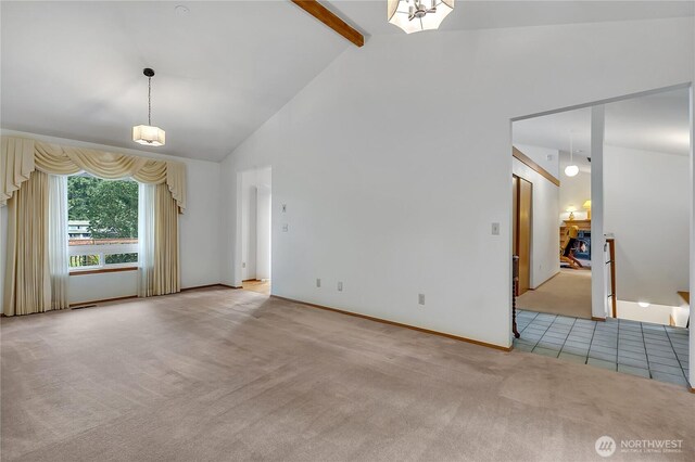 carpeted spare room featuring beamed ceiling, high vaulted ceiling, a chandelier, and baseboards